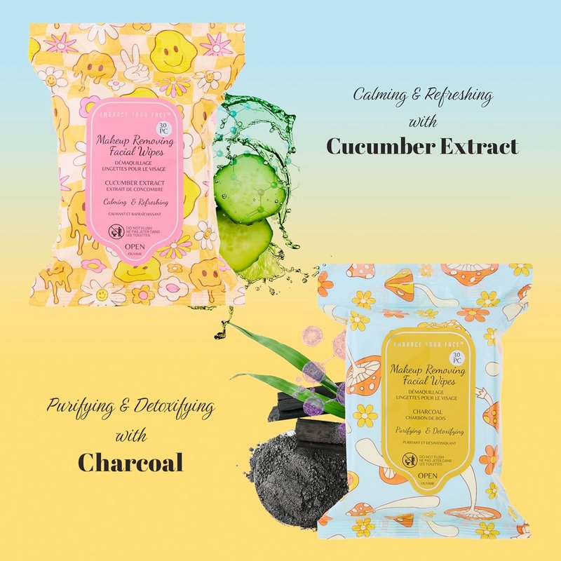 Makeup Removal Wipes Variety Set - 120pcs Charcoal, Tea Tree, Cucumber & Aloe Vera Cleansing Towelettes | 4-Pack