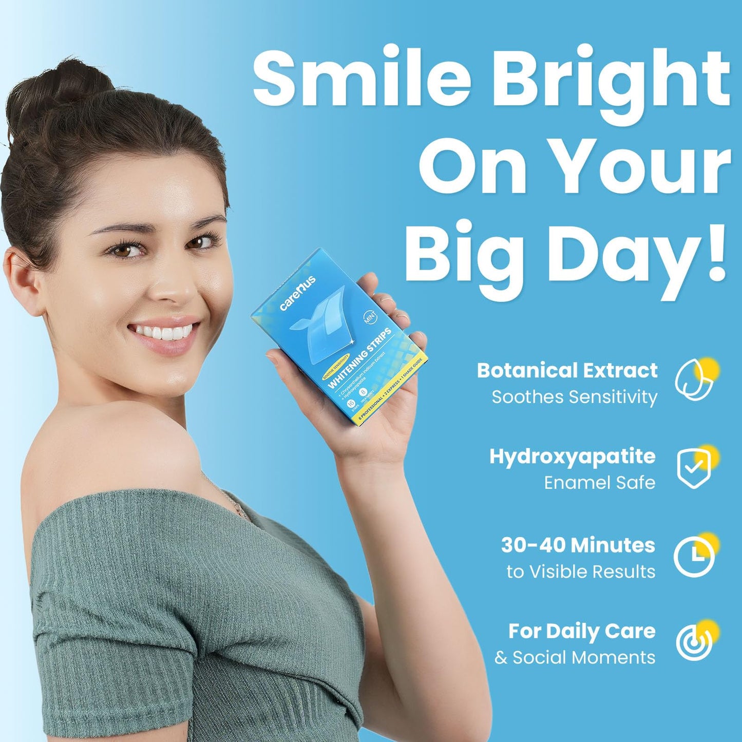 Carerus Teeth Whitening Strips, 8 Treatments, Hydroxyapatite Formula for Sensitive Teeth, Enamel-Safe & Residue-Free, Gentle Tooth Whitener, Mint, Last-Minute Hangouts (16 Strips)
