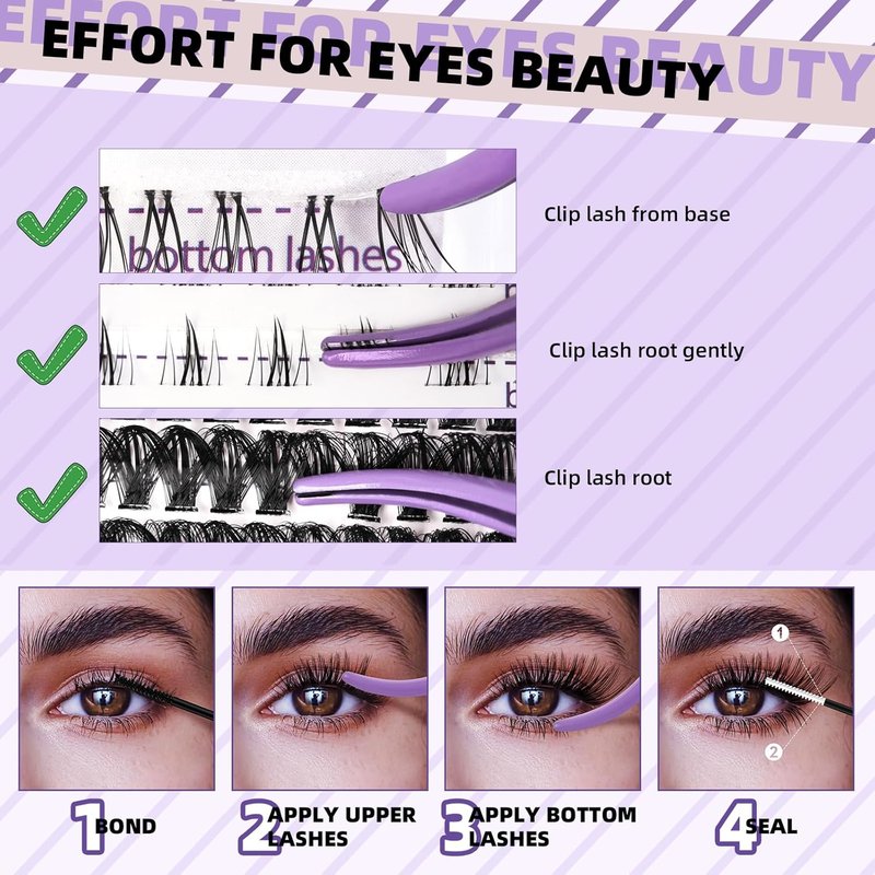 Eyelash Extension Kit - 50D D Curl Lash Clusters with Bottom Lashes | DIY 10-18mm Applicator Set
