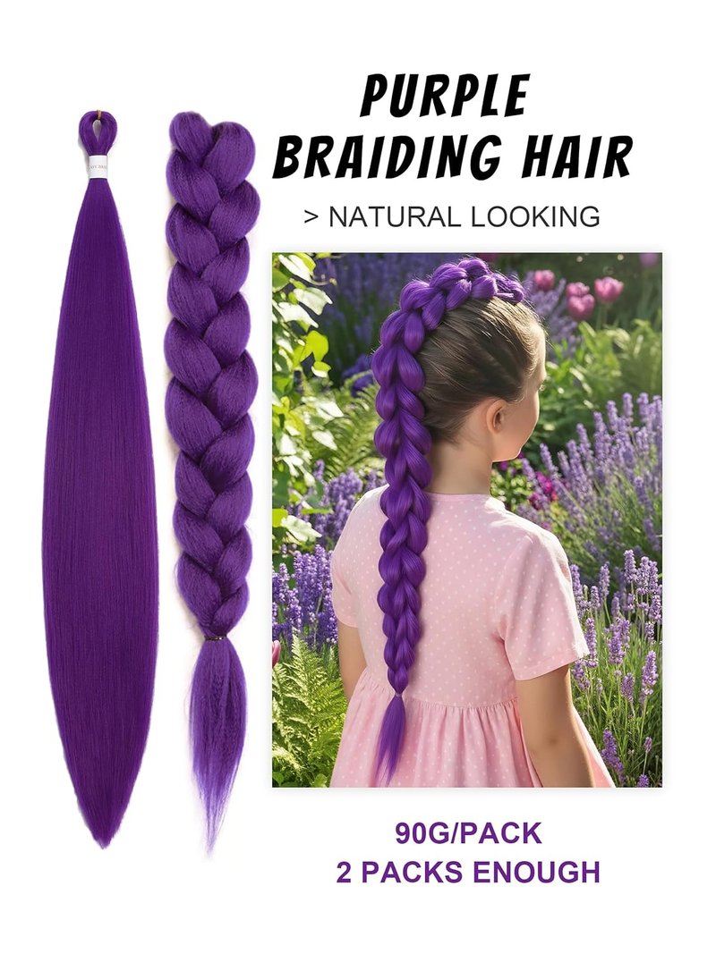Purple Hair Extensions - Long Pre-Stretched Synthetic Braiding Hair | 26 Inch Twist Braids for Cosplay & Costume Parties