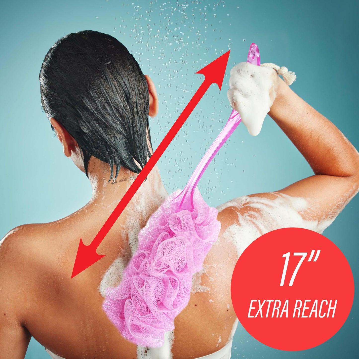 3pc Long Handle Loofah Set – Shower Scrubber Stick with Hanging Loop | Exfoliating Body Scrubber Value Pack | Deep Cleansing Bath Loofah for Smooth Skin – Women & Men – Easy