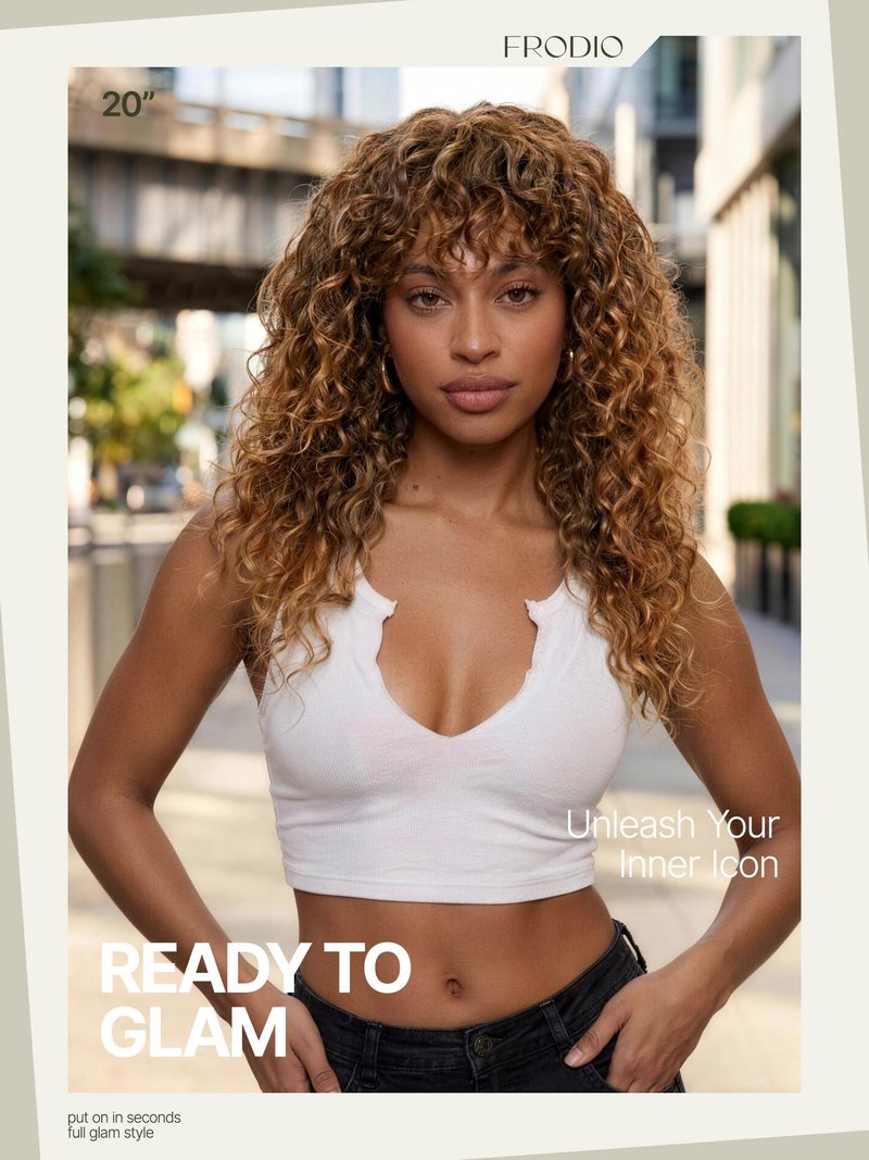 Frodio Veralux Fiber Blend Human Hair 20 Inches Shaggy Curl with Bangs Wig 200% Density Wigs Highlight Brown Ready to Go Glueless Wig for Women Realistic Look with True Scalp
