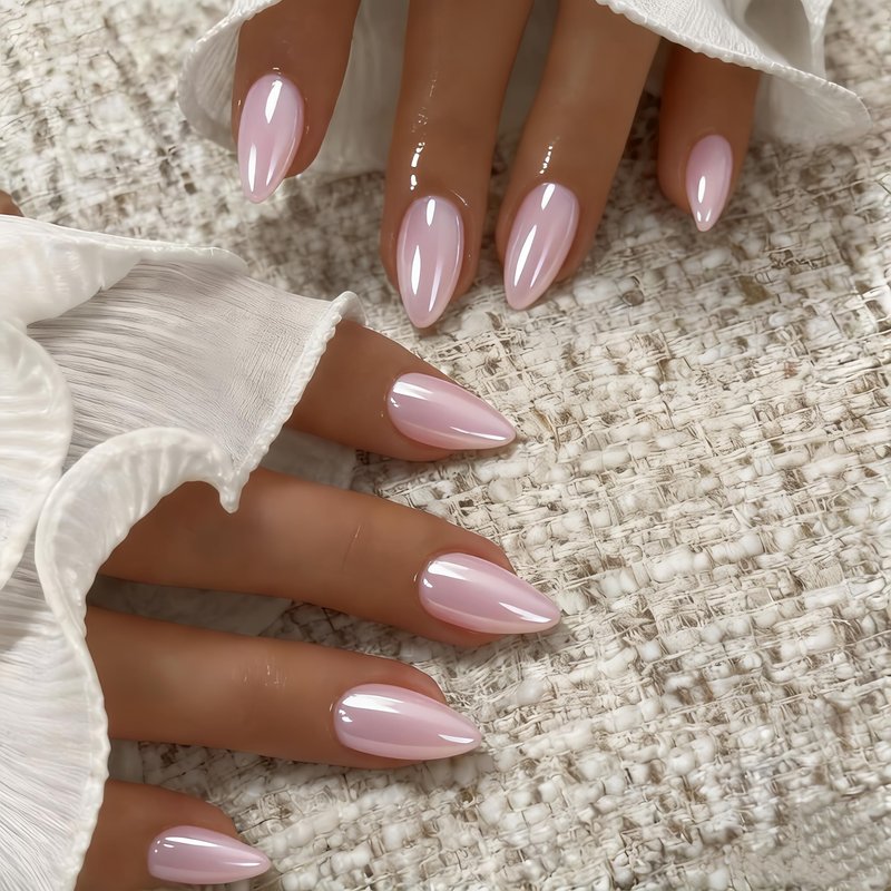 JOYVVEW Chrome Dusty Pink Press on Nails Short Almond, Glazed Gel Fake Nails with Glue for Women Wedding & Everyday, Reusable Handmade Thick Glue On Nails with High Gloss in 15 Sizes, 30 Pcs