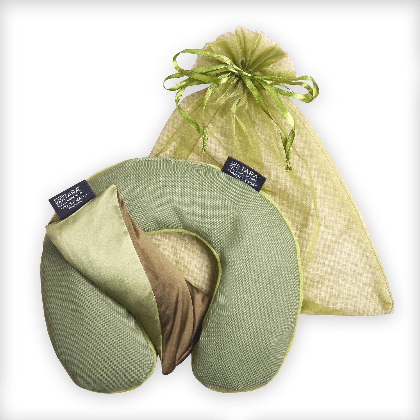 TARA Spa Therapy Herbal-Ease Aromatherapy Pillow Gift Bag Set, Neck + Silk Eye Pillow, Green Olive