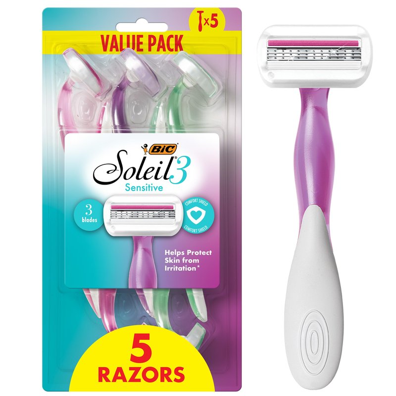 BIC Soleil 3 Sensitive Women's Disposable 3-Blade Razors, Comfort Shield and Moisture Strip, 5-Pack