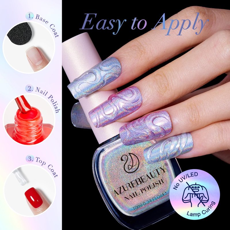 AZUREBEAUTY Holographic Nail Polish no Gel Fast Drying Silver Iridescent Natural Nail Lacquer High Shine DIY Salon Home Women Gifts 10ml