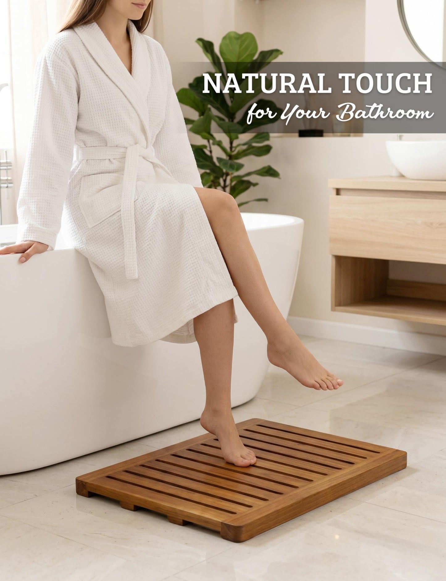 Acacia Wood Shower Mat 24x18 Inches by Demigo, Luxury Bath Mat Non Slip for Bathroom Bathtub Shower Spa Garden Home, Wooden Floor Mat Square Large for Outdoor and Indoor