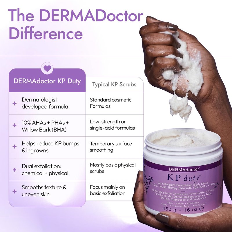 DERMAdoctor KP Bump Eraser Body Scrub with 10% AHAs + PHAs for Keratosis Pilaris, Dry, Rough, and Bumpy Skin, Dermatologist Formulated Exfoliating Body Scrub with Glycolic and Lactic acids - 16 Fl oz
