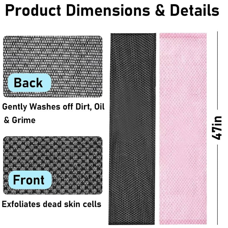 Exfoliating Shower Towel, 47-Inch Extra Long Dual-Sided Exfoliating Towel for Shower, Deep Cleansing & Gentle Exfoliation for Smooth Sensitive Skin (Black+Pink)