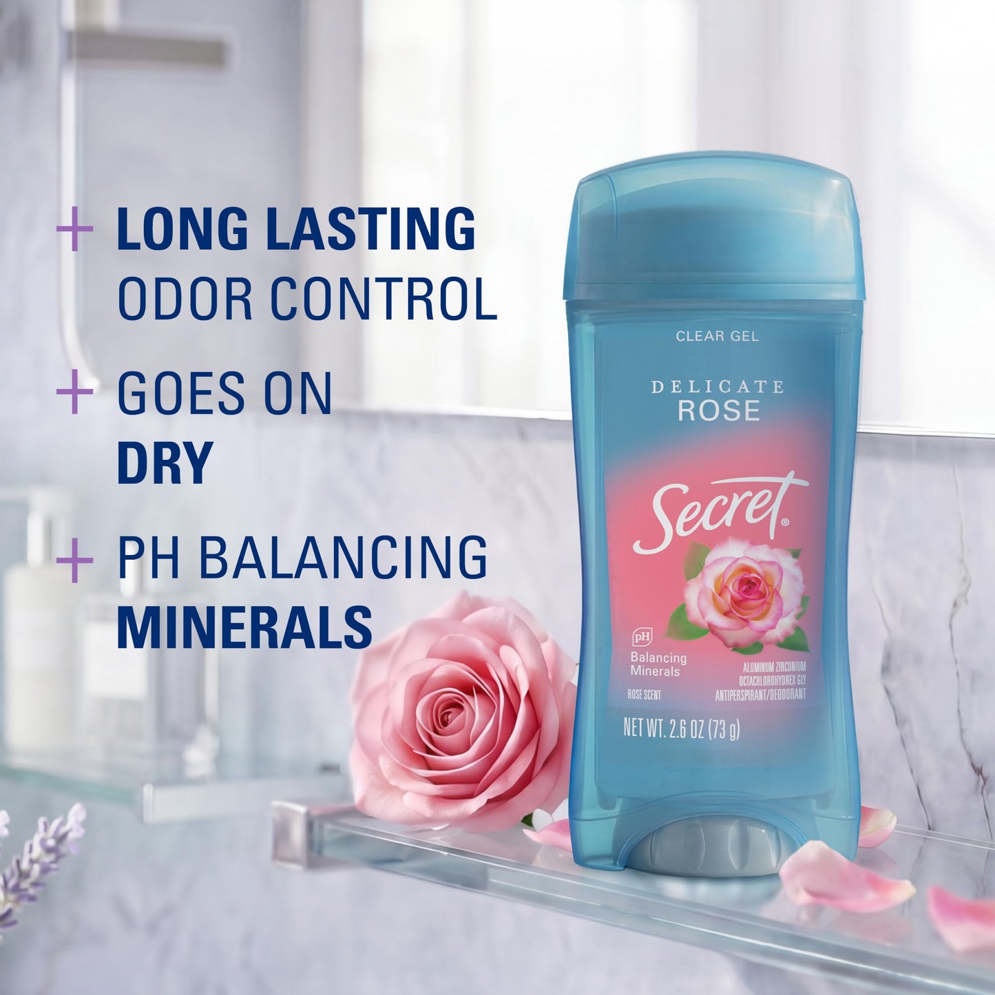 Secret Fresh Antiperspirant Deodorant for Women, 72hr Breathable Sweat & Odor Protection, Instant Freshness & Gentle, PH Balancing Minerals, Clear Gel, Delicate Rose Scent, 2.6 oz (Pack of 2)