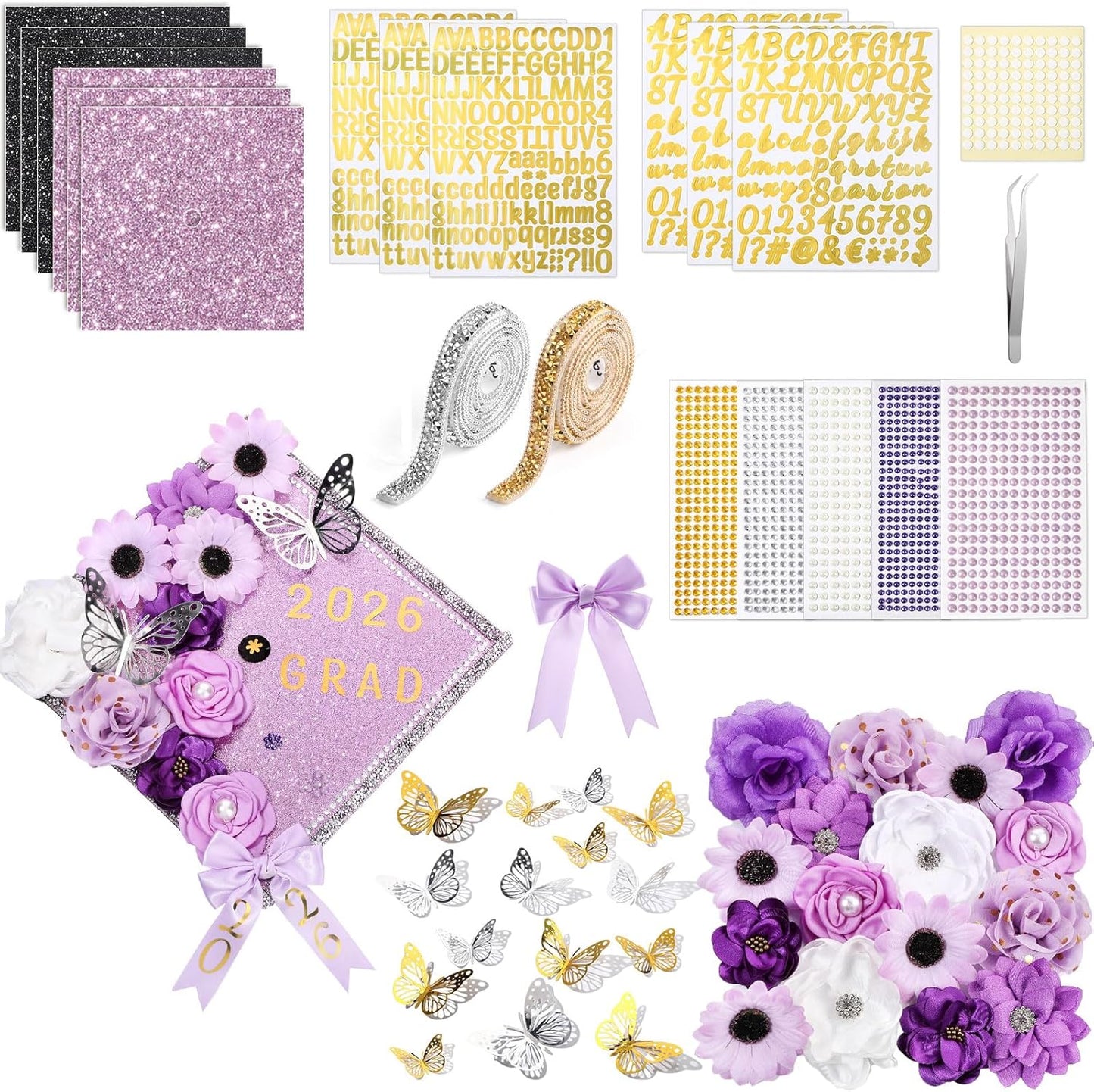 Wavwavw Graduation Cap Decoration Kit - 62 Pcs with Faux Flowers, 3D Butterflies & Rhinestones | Purple