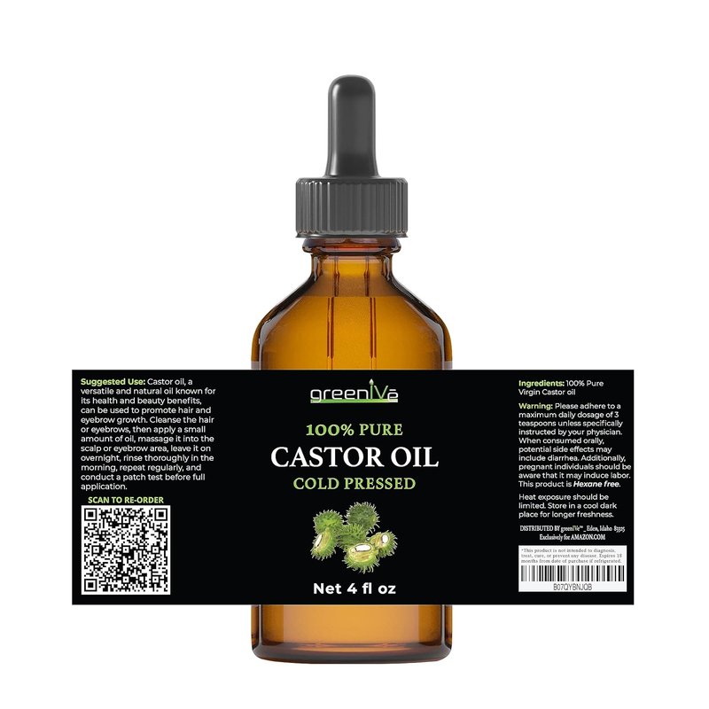**100% Pure Castor Oil - Cold-Pressed & Hexane-Free | Hair, Eyebrows, Skin Moisturizer - 4 Fl Oz Glass Bottle**