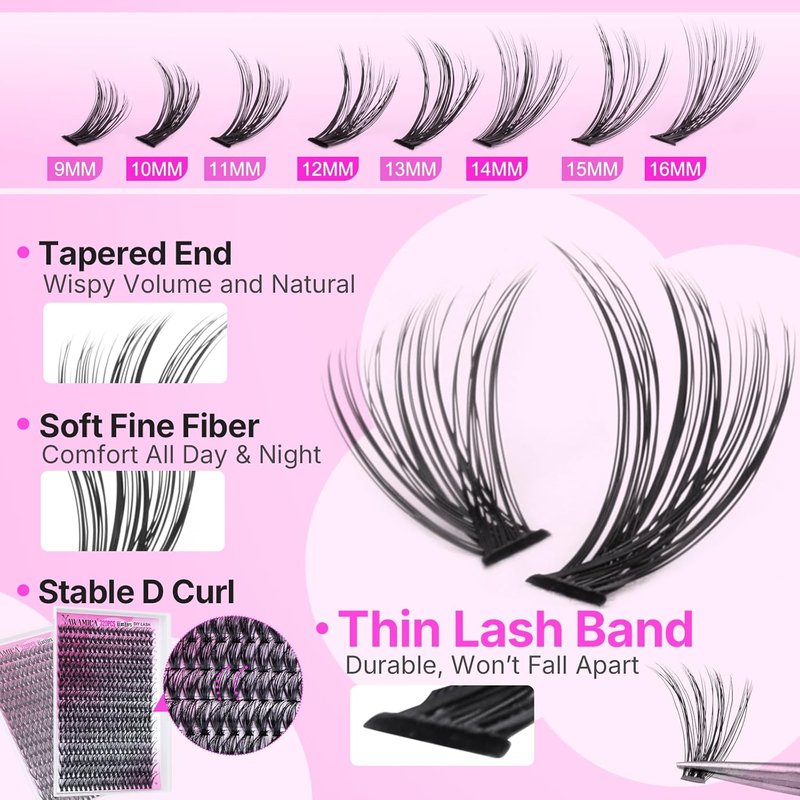 Eyelash Clusters Kit - 320pcs D Curly 9-16mm Individual Lashes | Wispy Extensions with Bond, Seal & Applicator for Beginners