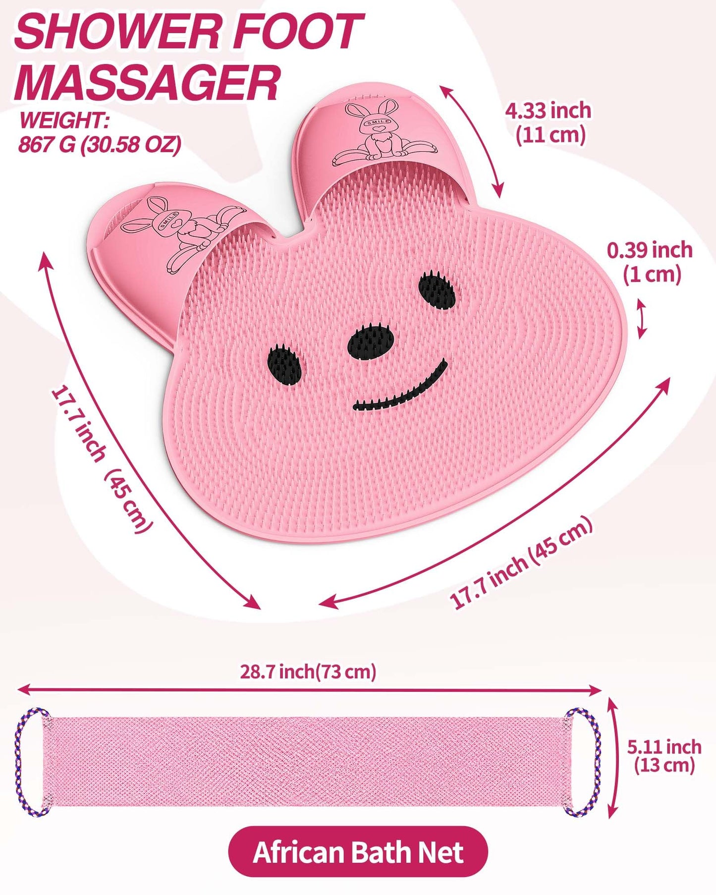 Manmihealth Rabbit-Shaped Silicone Foot Brush Mat for Shower with Non-Slip Suction Cups, Silicone Back Scrubber with Long-Handle, Shower Face Body Scrubber, Scalp Massager, Bath Sponge Net Set (Pink)