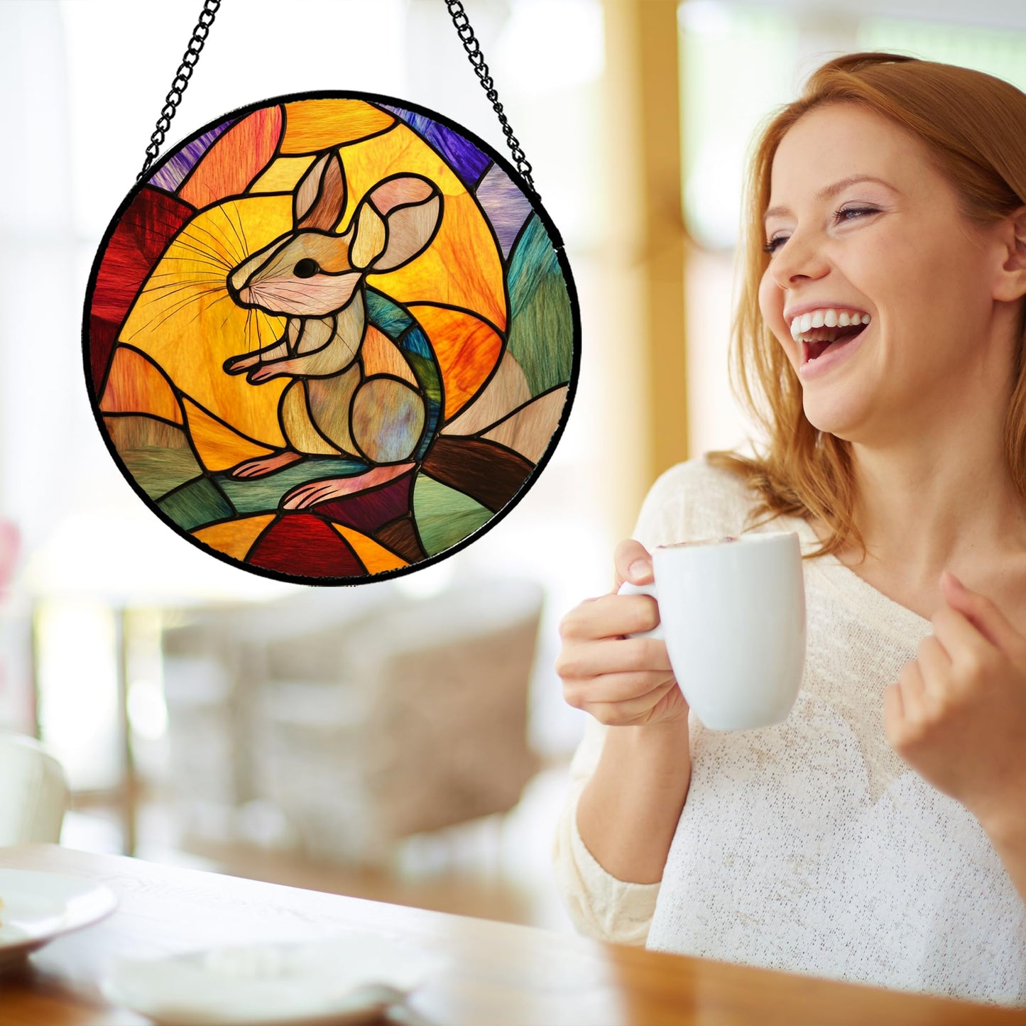 GEFOS Stained Glass Window Hanging Yellow Brown Cute Mouse 7.8" - Suncatcher Door Garden Sunroom Sun Catcher Home Decor Birthday Christmas for Mom Men Woman Nana