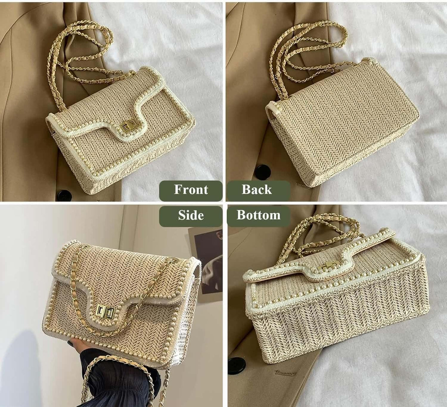 VTYFRY Straw Crossbody Bags for Women Trendy Beach Summer Handmade Rattan Shoulder Woven Leather Straps Clutch Purse Vacation (Beige)