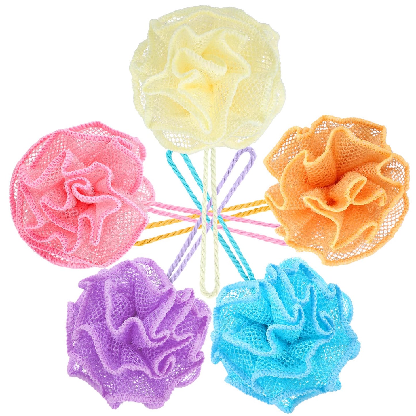 Hillsuren 5 Pack Exfoliating Loofah Sponge 5 Color Bath Shower Pouf for Rich Lather Mesh Body Scrubber Bath Loofah Pouf for Men Women