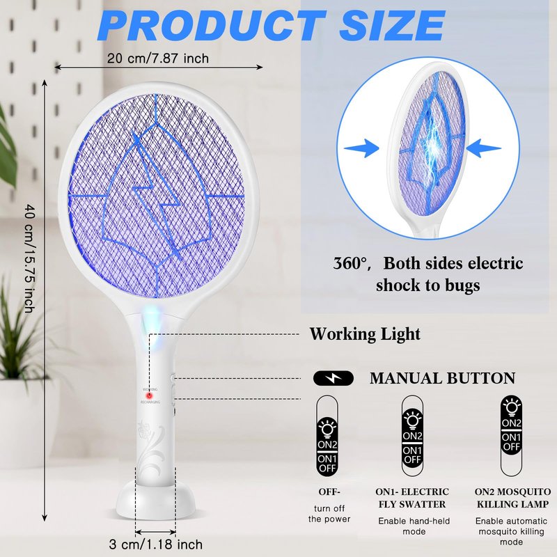 Qualirey Electric Fly Swatter 2 in 1 Rechargeable Mosquito Swatters UV Light Bug Zapper Racket Fly Mosquito Zapper Insect Control for Home Bedroom Kitchen Office Backyard Patio Indoor Outdoor (2 Pcs)