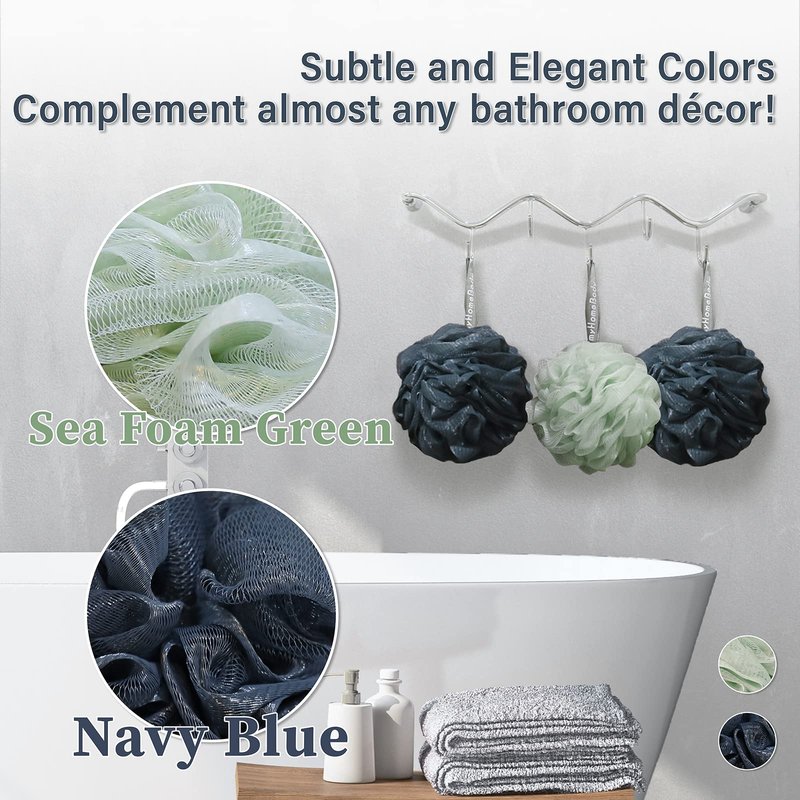 myHomeBody Large 70g Loofah Sponge, Body Scrubber, Bath Sponge, Loofah for Women, Men, Exfoliating Sponge Shower Pouf with Activated Charcoal - 3 Pack, 2 Navy Blue + 1 Sea Foam Green
