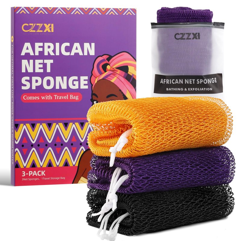CZZXI African Net Sponge 3 Pieces, Authentic Exfoliating Body Scrubber for Back & All Skin Types, Bath Sponge for Face & Body with Gentle Deep Cleansing (Purple, Yellow, Black)
