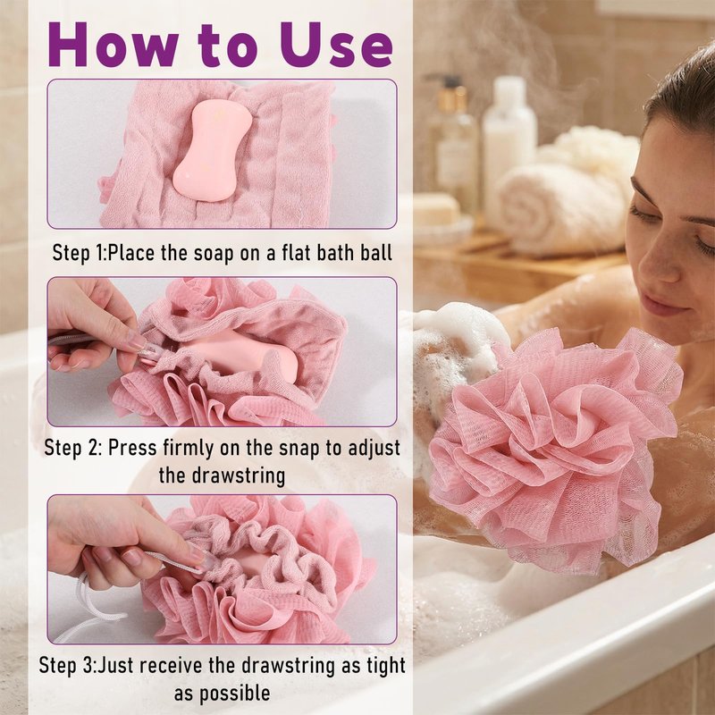 HJZHII 3Pcs Loofah Washcloth Combo 2 in 1, Bar Soap Loofah Pouch Can Hold Soap Exfoliating and Reusable Shower Sponge for Bathing