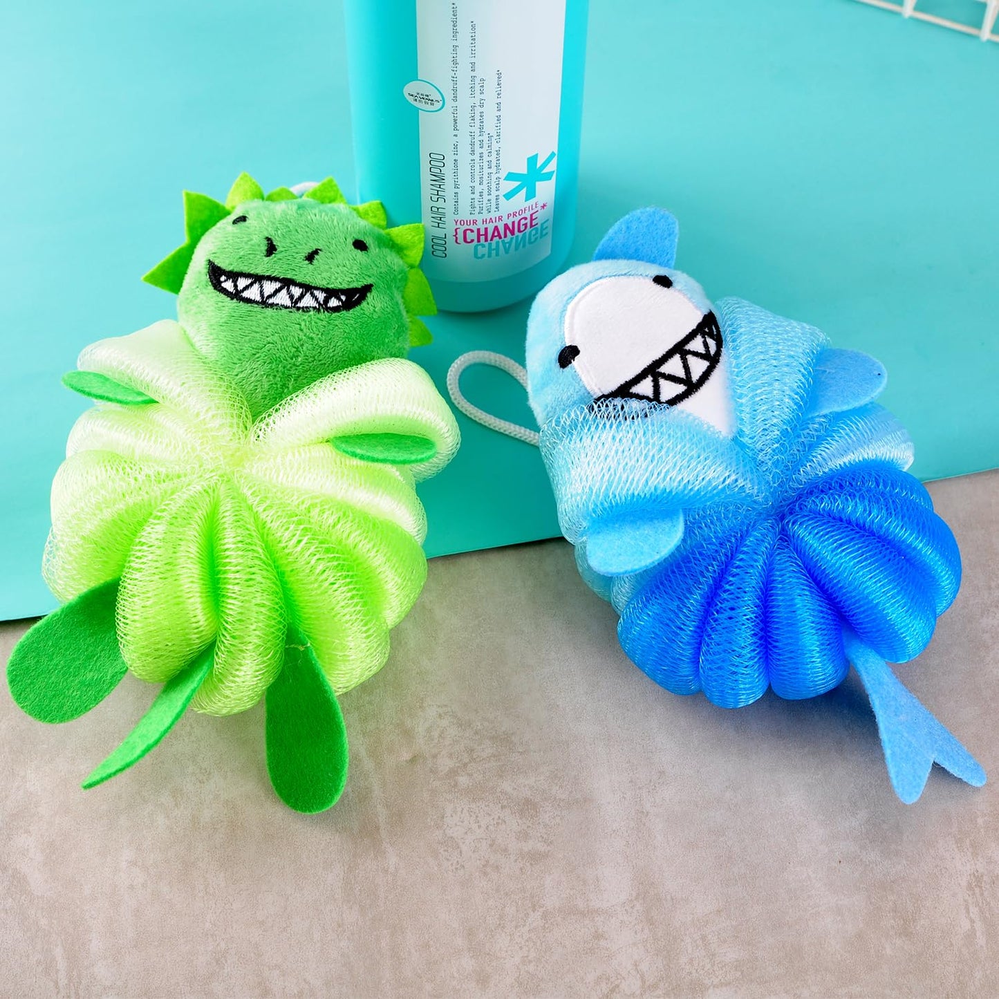 RAMFIYN 2 Pack Fun Bubble Bath Kid Loofahs, Cute Animal Loofah Bath Sponge, Shower Puffs Body Scrubber, Fun Bath Sponges - Shark and Dinosaur