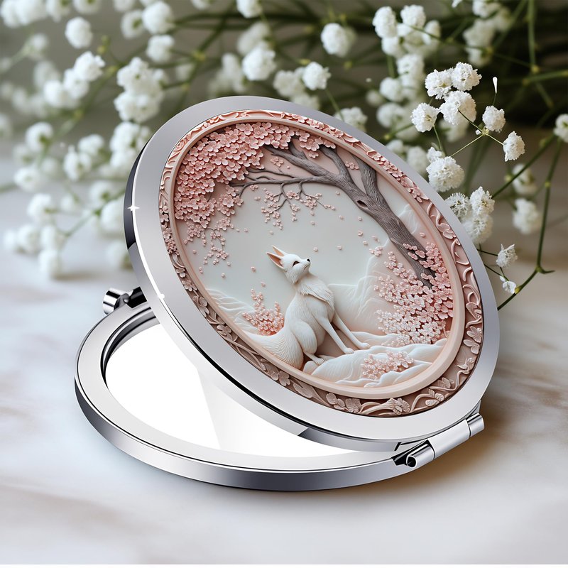 Silver Compact Mirror, 2.8x2.8inch Double-Sided Folding Makeup Mirror with Cherry Blossom White Fox Design, Ideal Gift for Women