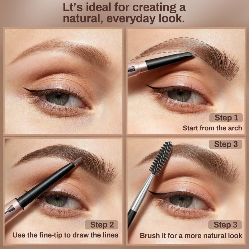 2 Pack Eyebrow Pencil, Waterproof Eyebrow Makeup with Dual Ends, Professional Brow Enhancing Kit with Eyebrow Brush, Khaki Coffee