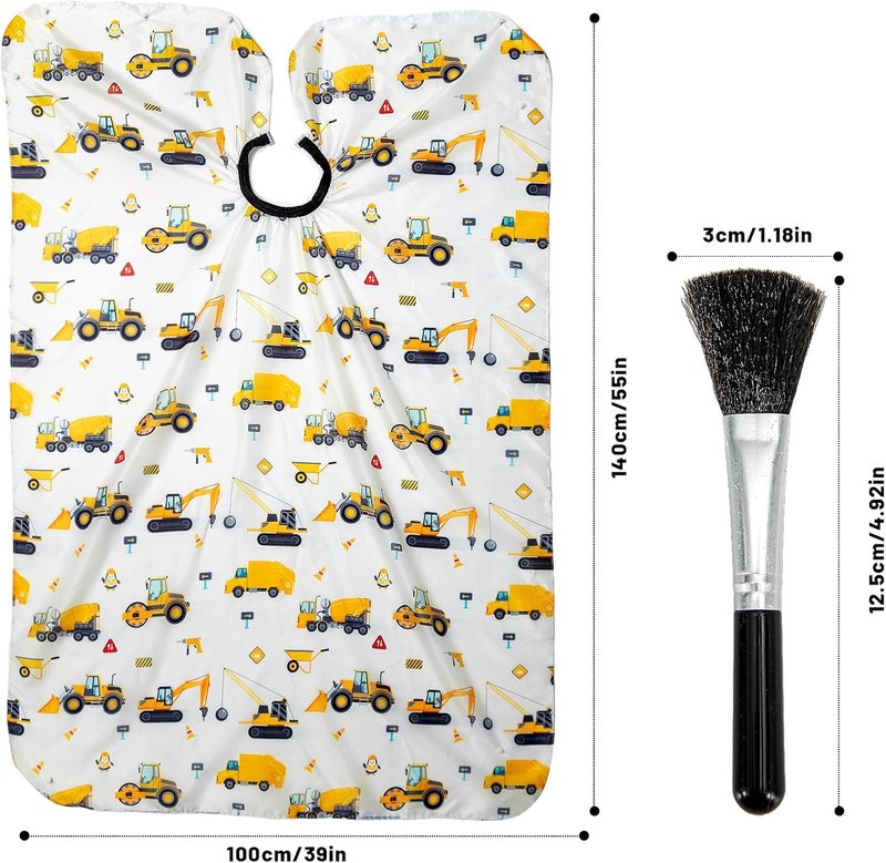 Kids Haircut Cape Set - Construction Site Pattern Barber Cape & Neck Duster Brush | 55x40 Inches for Boys & Girls