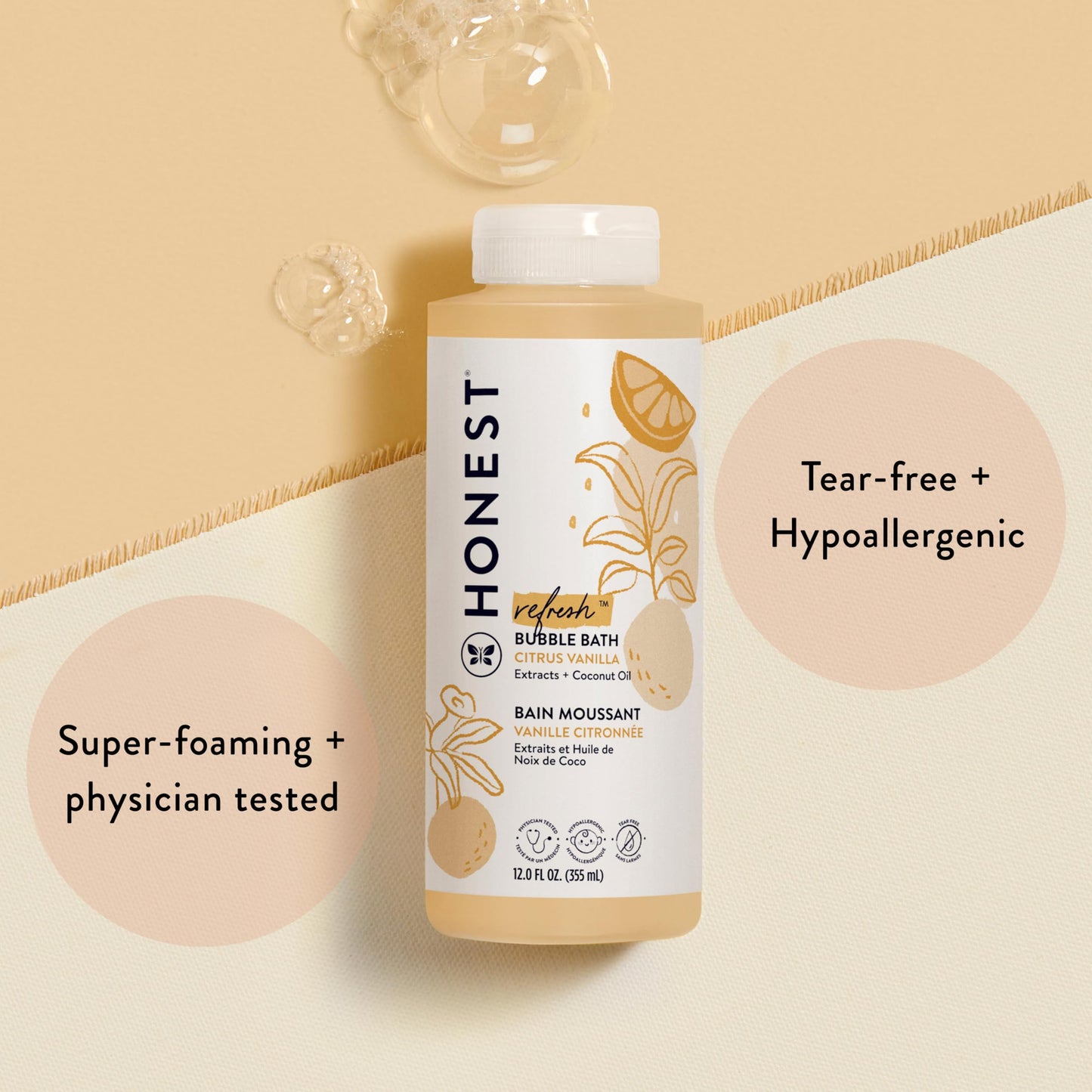 The Honest Company Foaming Bubble Bath, Naturally Derived, Tear-free, Hypoallergenic, Citrus Vanilla Refresh, 12 fl oz