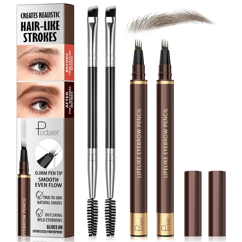 2 Pack 4-Tip Microblading Eyebrow Pen with 2 Brow Brushes, Waterproof Vegan Formula Eyebrow Pencils for Women to Effortlessly Create Natural Hair-Like Strokes, All-Day Wear (Soft Brown)