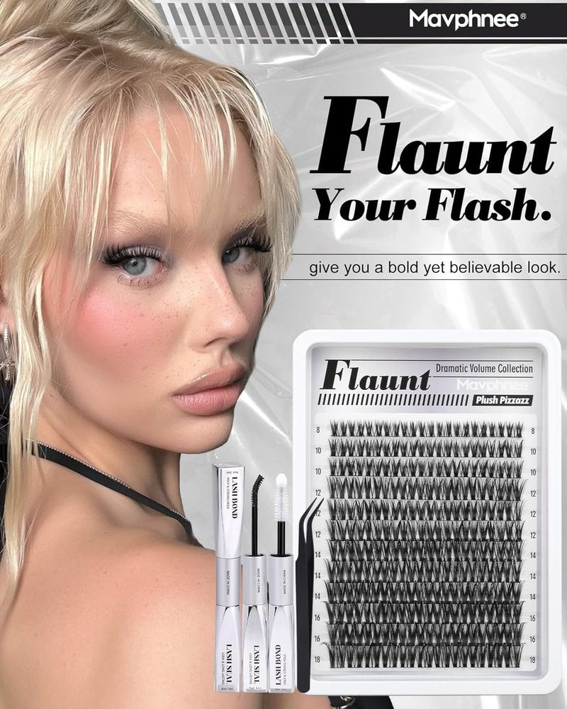 Flaunt Lash Clusters Kit - Wispy Individual Eyelash Extensions | 132 Pcs CD-Curly 8-18MM with Bond, Seal & Tweezers