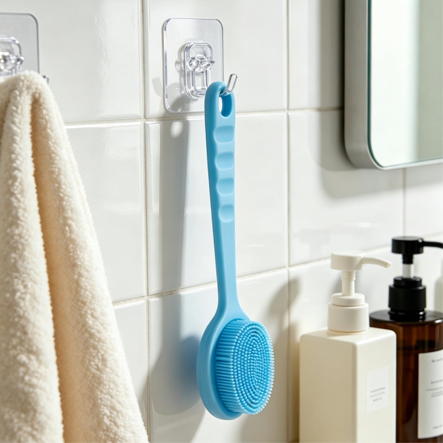 12.5inch Silicone Back Scrubber for Shower 2pcs（Blue）,Exfoliating Shower Brush,Double Sided for Exfoliating and Massage，Long Handle Back Scrubber for Men and Women(2 Brushes)