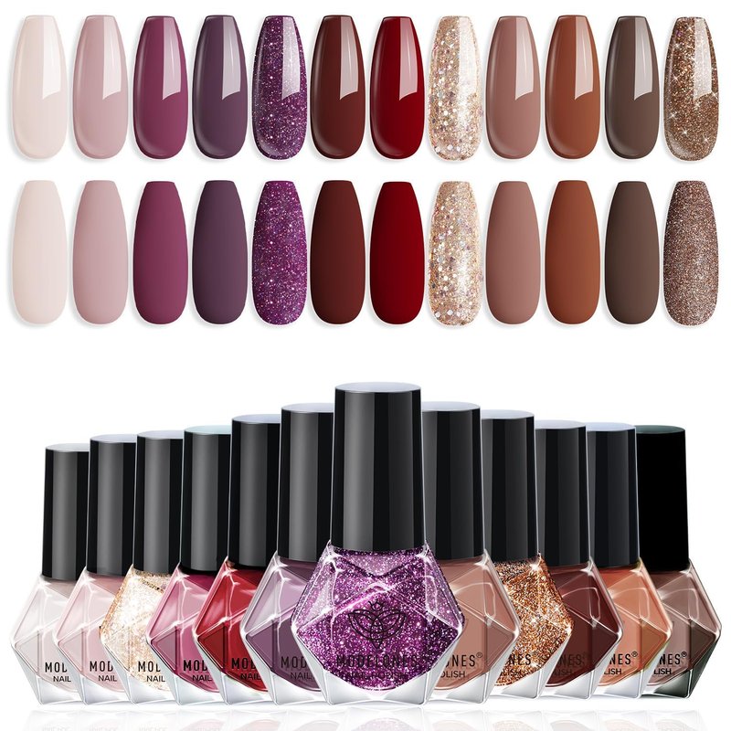 modelones Nail Polish Set 12 Colors Burgundy Red New Year 2025 Nail Polish Set Champagne Gold Glitter Dark Red Purple Shimmer Brown Nail Valentines's Gifts for Women Girl DIY Salon Home