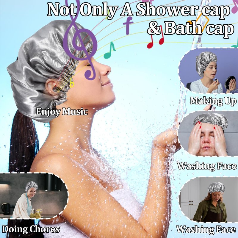 Ymapinc Reusable Shower Caps for Women, Waterproof Hair Shower Cap Adjustable Hair Cover Large Gray Layer Bonnet for Girls Spa Home Salon Use