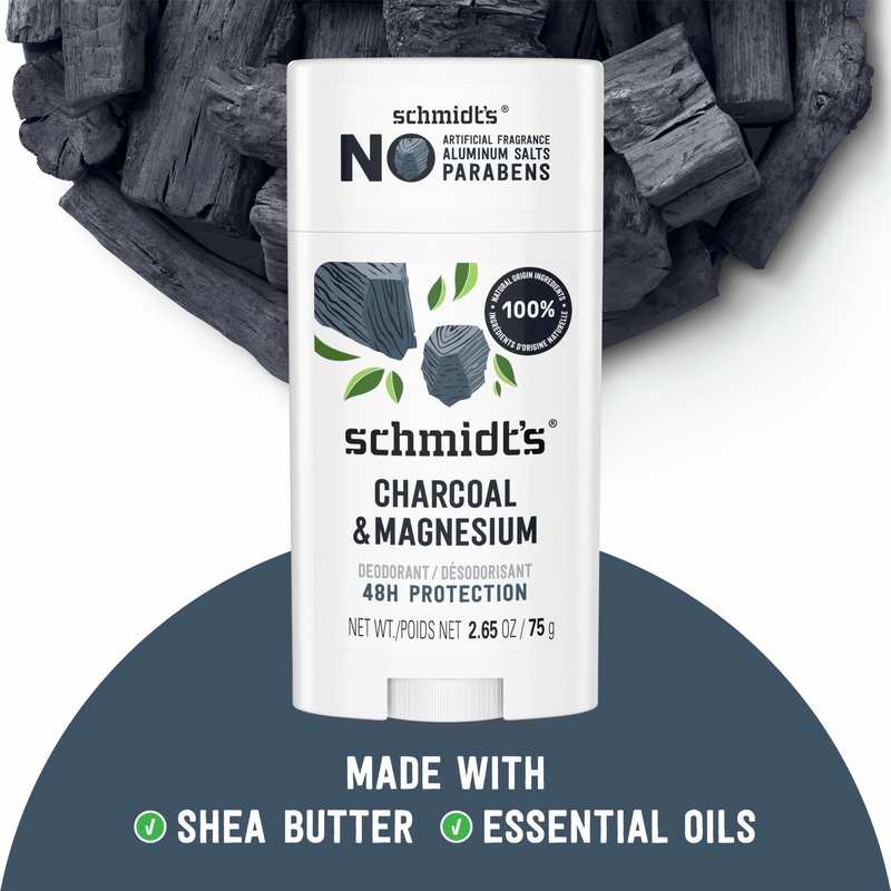 Schmidt's Aluminum-Free Vegan Deodorant Charcoal & Magnesium with 24 Hour Odor Protection, for Women and Men, Natural Ingredients, Cruelty-Free, 2.65 oz