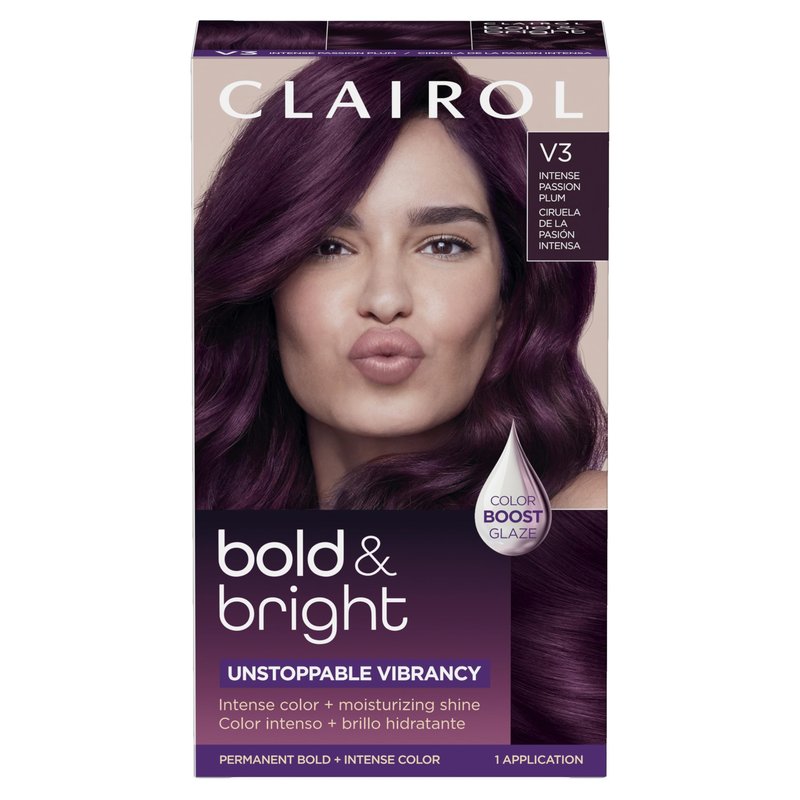Clairol Bold & Bright Permanent Hair Dye, V3 Intense Passion Plum Hair Color | Intense Vibrancy + Moisturizing Shine | Includes Color Boost Glaze to Amplify Color Anytime | Pack of 1