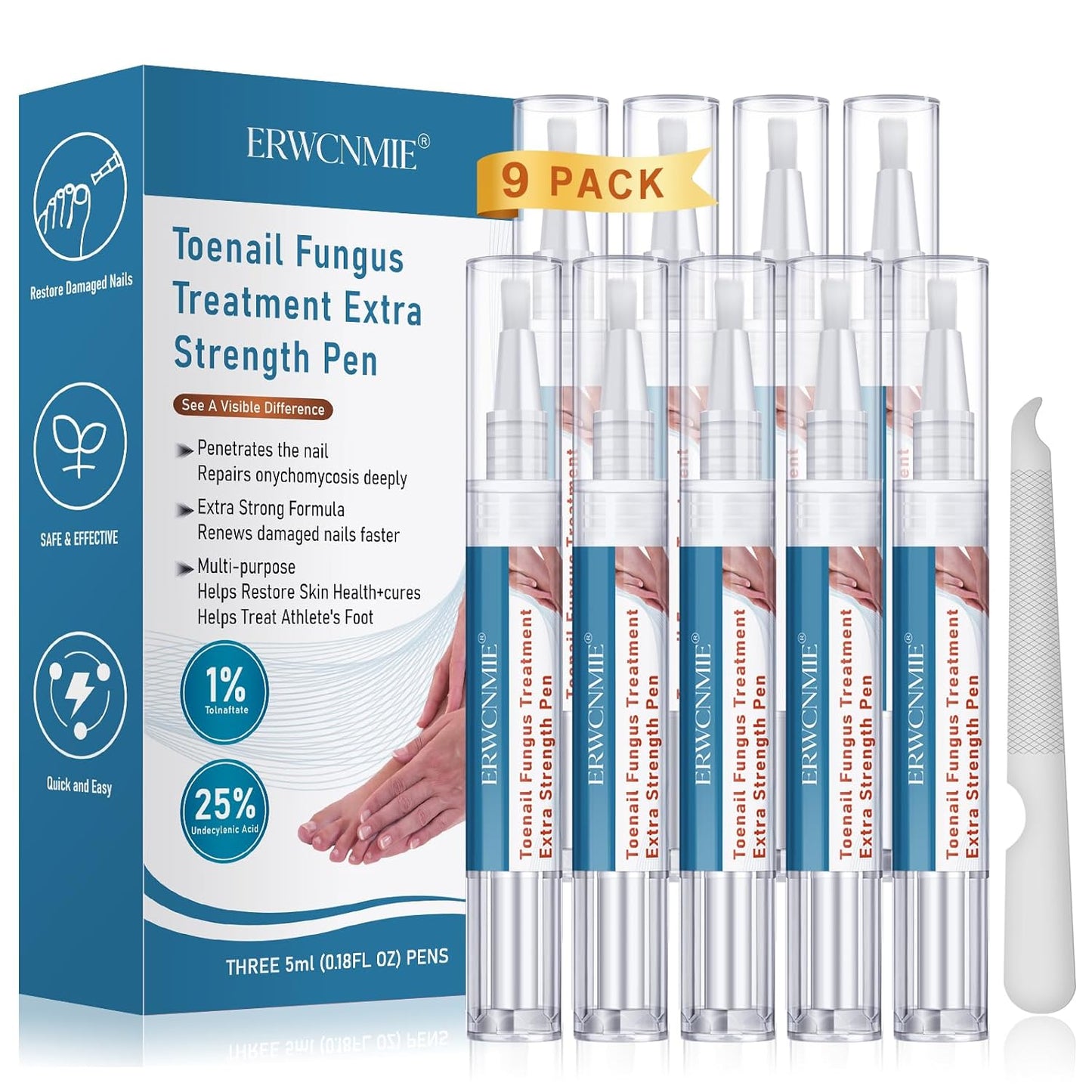 Toenail Fungus Treatment Extra Strength, Fungi Nail Pen, 25% Undecylenic Acid, Ingrown toenail treatment, Repairs Yellow Thick Brittle Toe and foot fungus treatment extra strength - 9Pcs