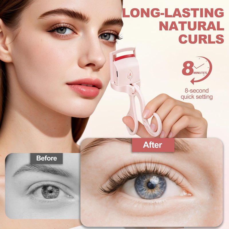 Heated Eyelash Curler for Women, C Curl Electric Lash Curler, Anti-Burn Silicone Pad, Fast Heat-Up, Rechargeable Portable Makeup Tool for Straight Lashes, Pink