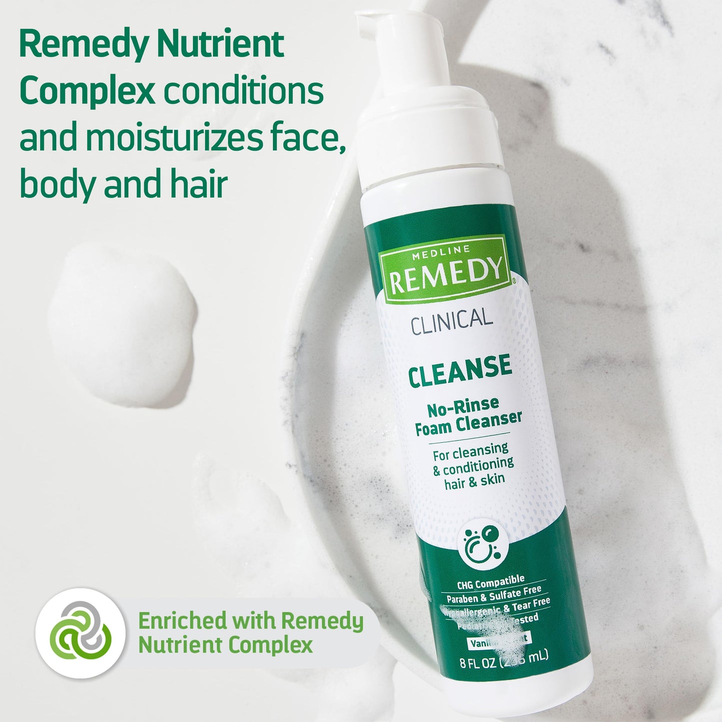 Medline Remedy Clinical No-Rinse Foam Cleanser, Vanilla Scent (8 fl oz), No Rinse Shampoo and Body Cleanser for Sensitive Skin, Hydrating, Paraben and Sulfate Free, For Face, Body, and Hair, All Ages