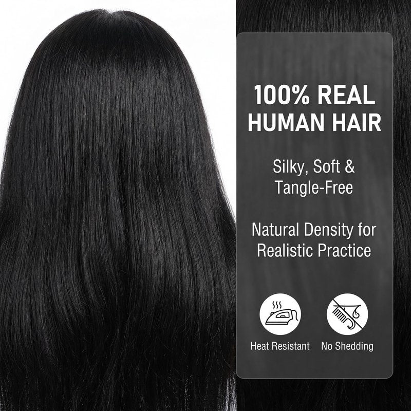 16 Inch 100% human hair mannequin head practice head for braiding manikin head with Clamp stand doll head for hair styling practice kit for kids and Cosmetology (Black 16-inch)