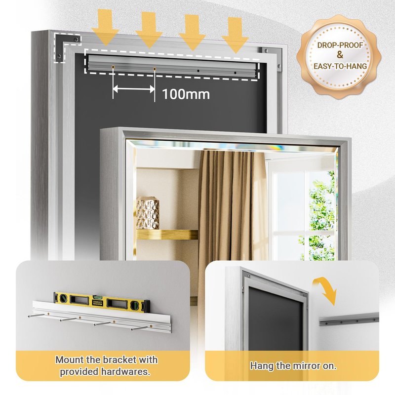 QueenFun Silver Bathroom Mirror, 30x36 Inch Beveled Silver Vanity Mirror for Bathroom Wall, Silver Metal Framed Mirror Anti-Rust, Silver Rectangle Wall Mounted Mirror for Bathroom(Vertical/Horizontal)