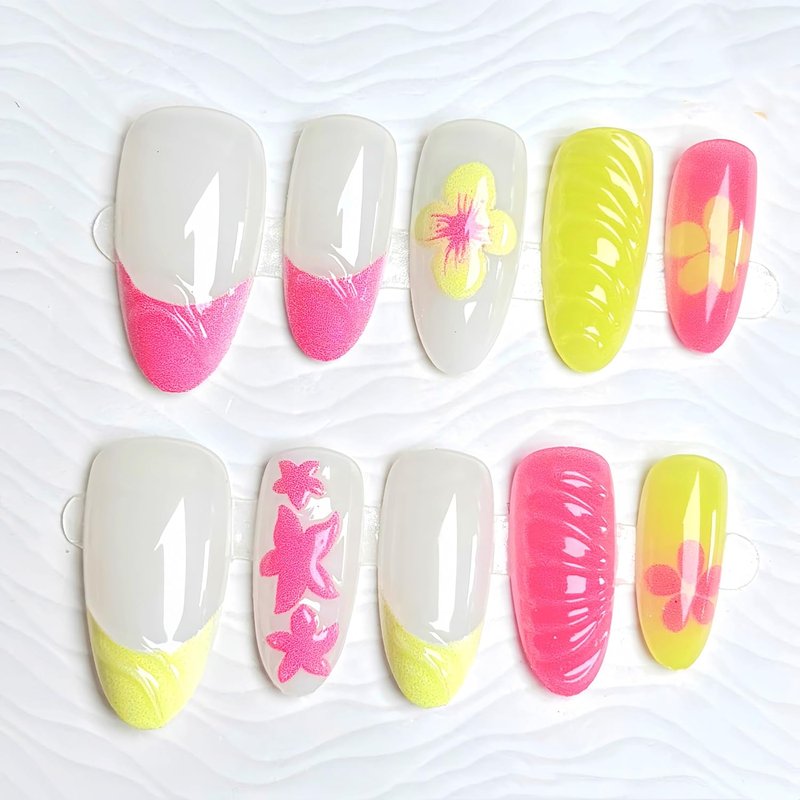 Almond Flower Press-On Nails - 24 Pcs Pink Yellow French Tips with Water Ripple & Starfish Design | Acrylic Set