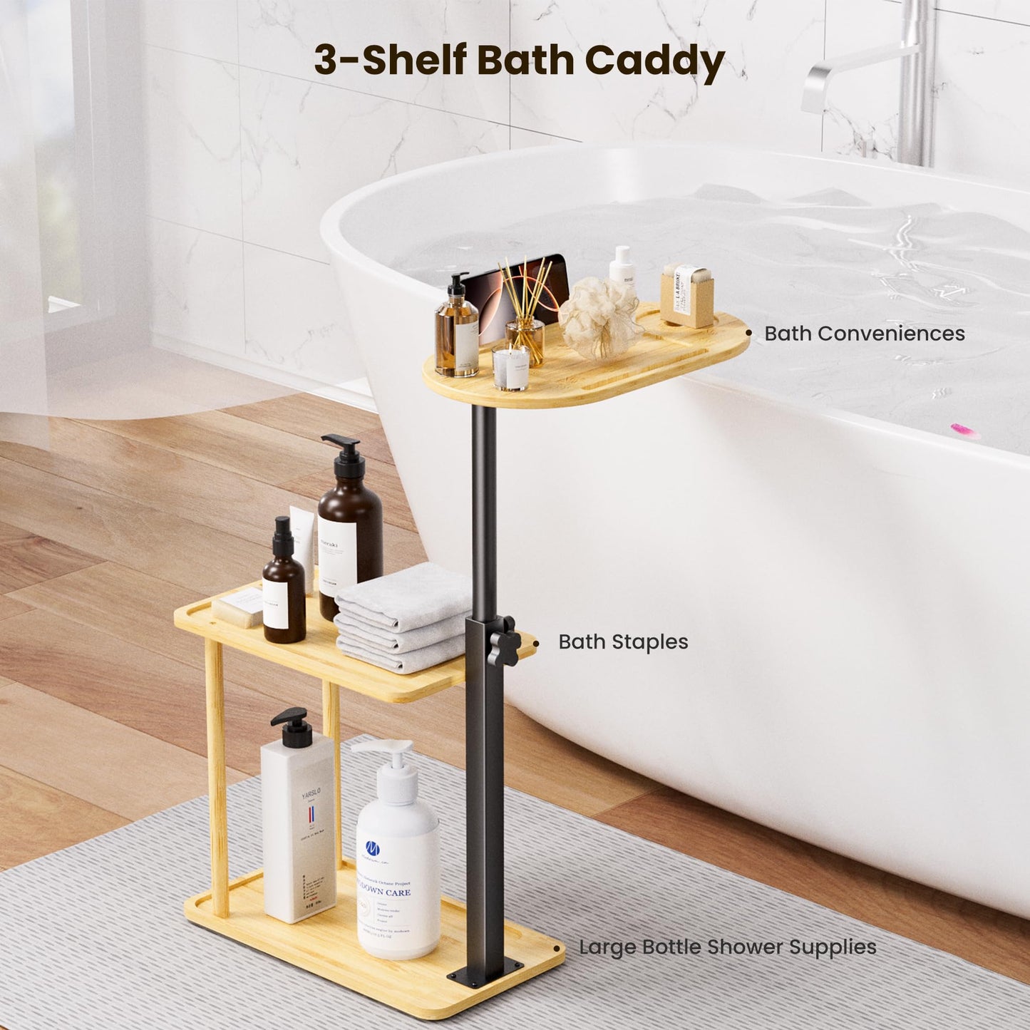 Sunnacate Bathtub Tray Table, Freestanding Bath Side Table Tub Tray Caddy, 3 Layer Bamboo Bath Board Shelf, Bathtub & Bathroom Accessories, New Home Gift for Mom, Housewarming, Anniversary, Wedding