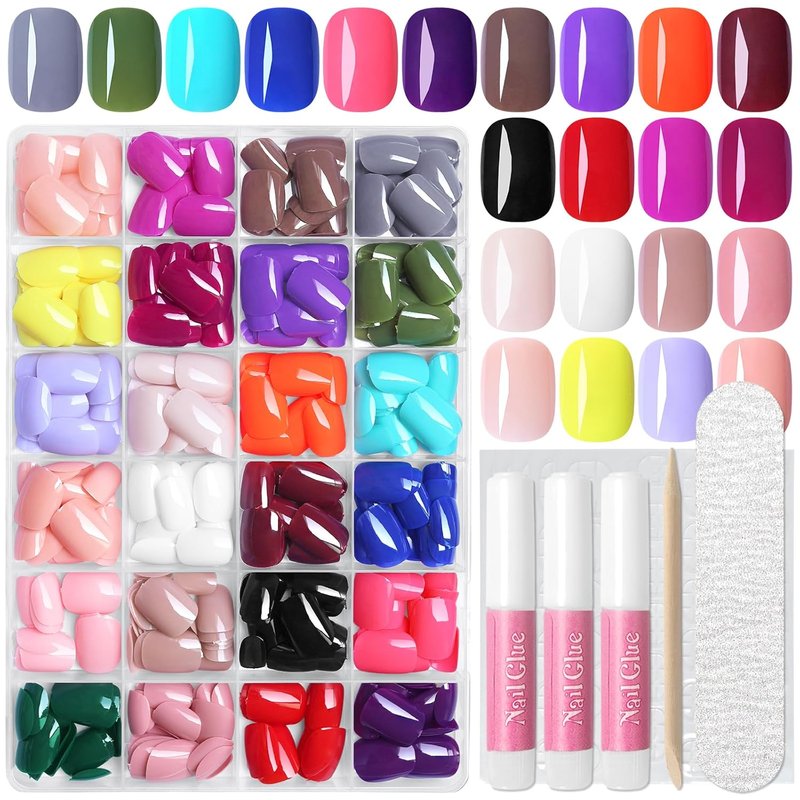 Skiennix 576pc Square Press-On Nails - Short Acrylic Fake Nails in 24 Colors with Glue & Tabs