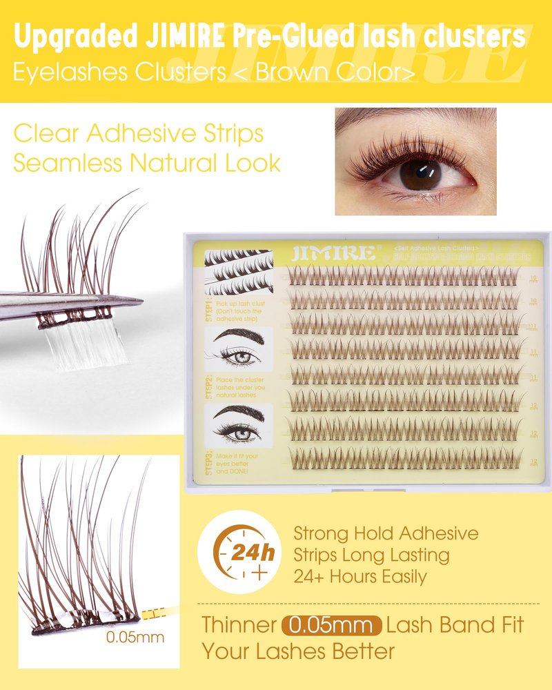 JIMIRE Brown Self-Adhesive Eyelashes Press on Lashes Clusters, Natural Look Pre-Glued Lash Clusters No Glue Needed Wispy 10-12MM Individual Lashes Brown Cluster Eyelash Extensions