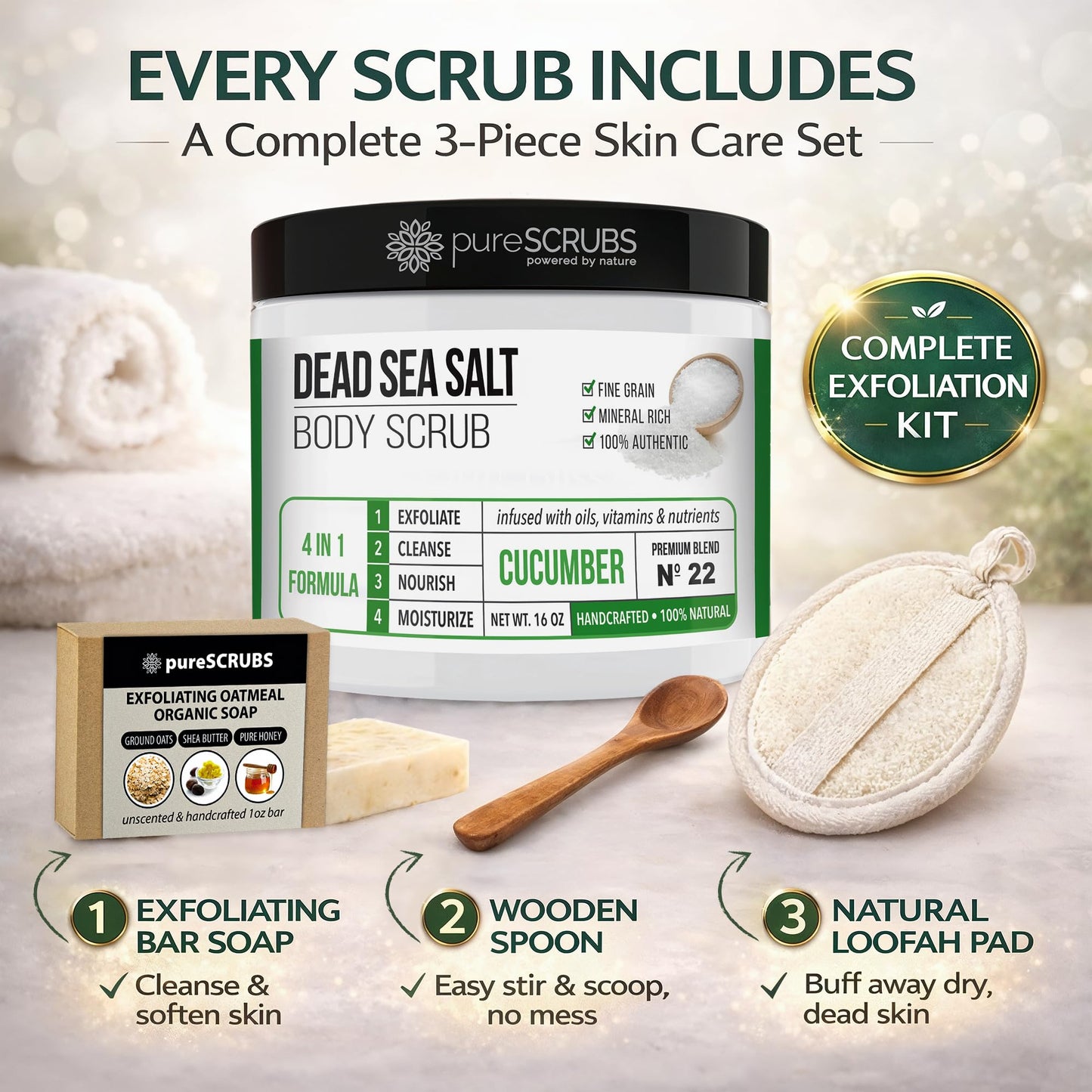 pureSCRUBS Premium Cucumber Body Scrub Set, Exfoliating Dead Sea Salt Scrub