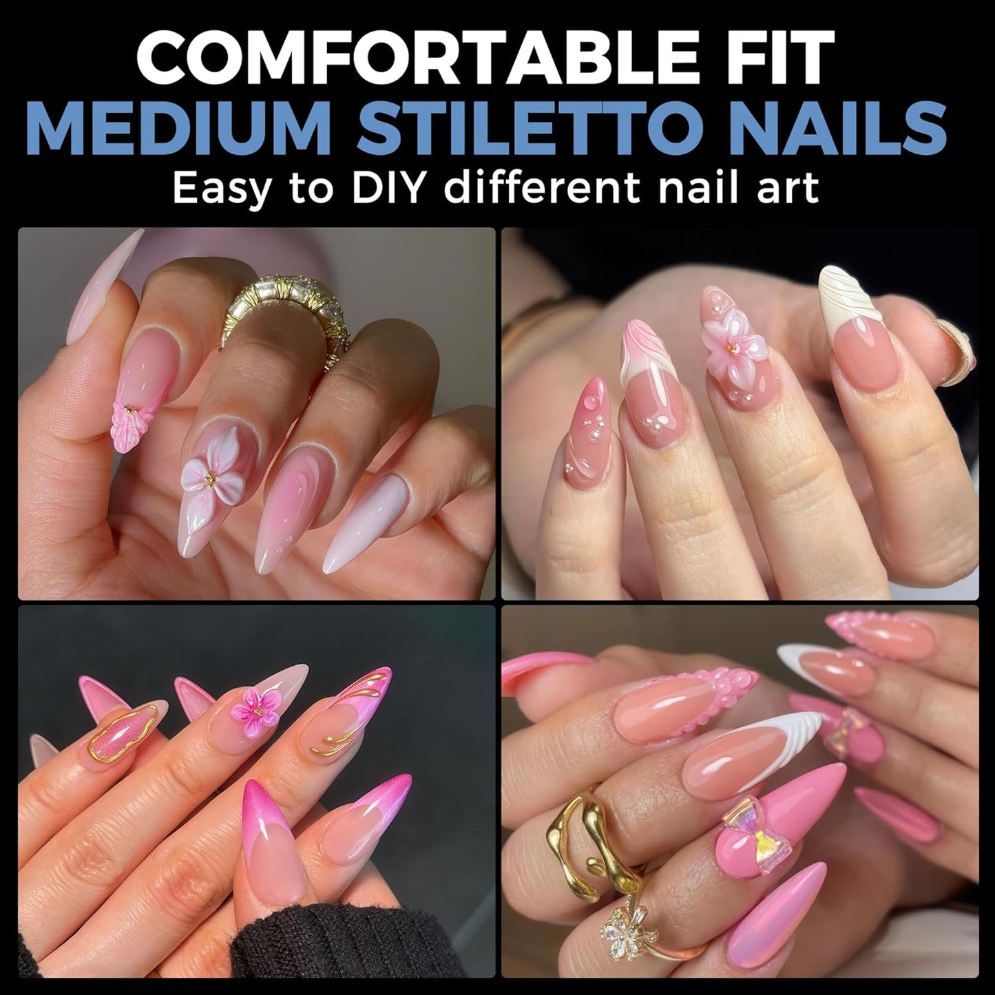 UNA GELLA Medium Stiletto Gel Nail Tips - Full Cover 216 Pcs Almond Shape | Pre-Etched Soft Gel Nails in 12 Sizes