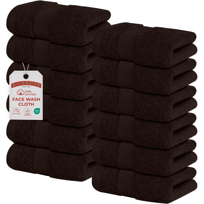 RIVERSIDE 12-Pack Premium 100% Cotton Brown Face Towels for Bathroom [12x12] - Reusable Luxury Face Wash Cloths for Showering - 550 GSM Super Soft & Absorbent Washcloths for Body, Spa & Gym