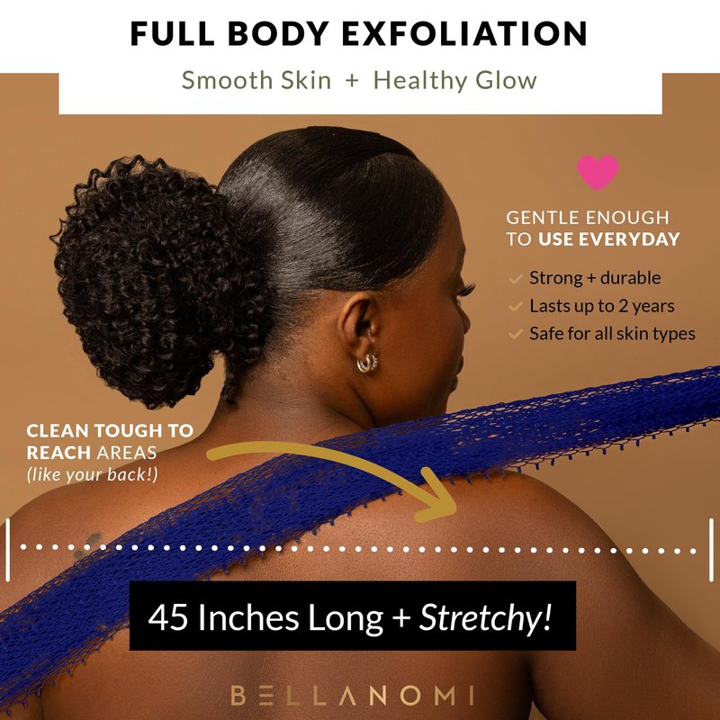 BELLANOMI 4 Piece African Exfoliating Net Sponge Long African Bath Sponge, Authentic Ethically Sourced from Nigeria, Great for Daily Use (Navy Blue, Baby Blue, Blush, Pink)